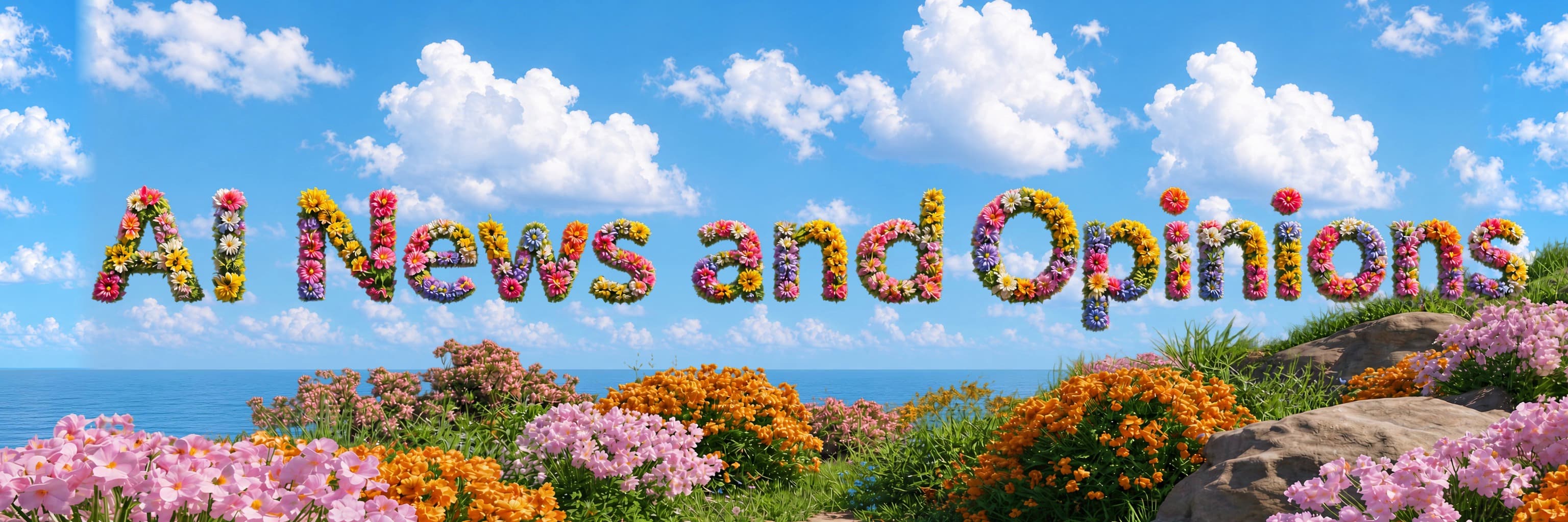 “AI News and Opinions” spelled out in flowers above a field by the sea